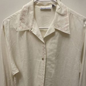 David Brooks Button Up Shirt Off White Long Sleeve Pink Embroidered Size 6